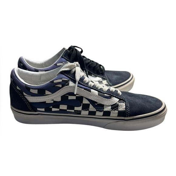 VANS Checker Flame Old Skool Classic Mens Canvas Suede Navy White Size 8.5M 10W - Picture 2 of 14